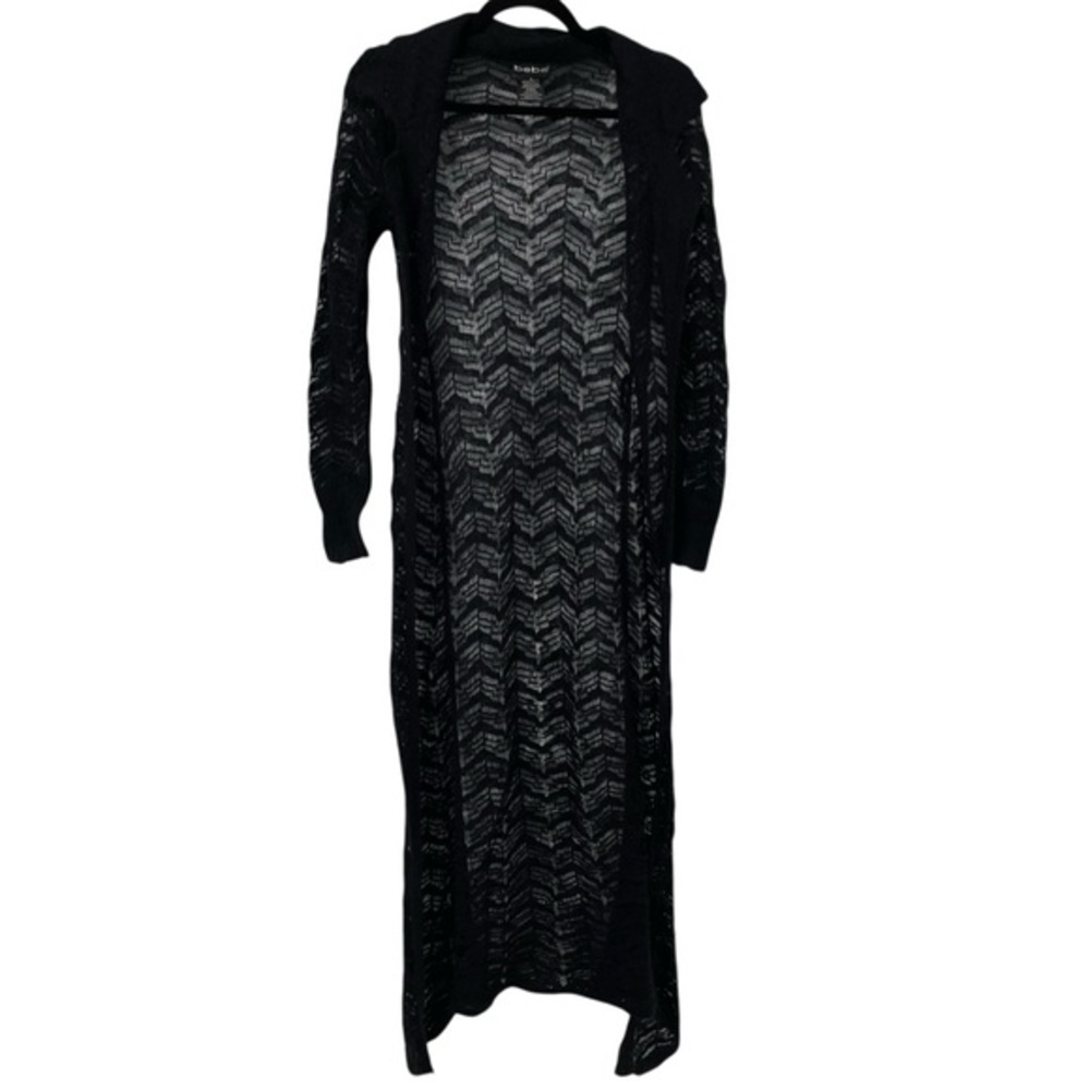 BEBE  Black Long Cardigan Duster Sweater Open Knit Chevron Mohair  Whimsigoth